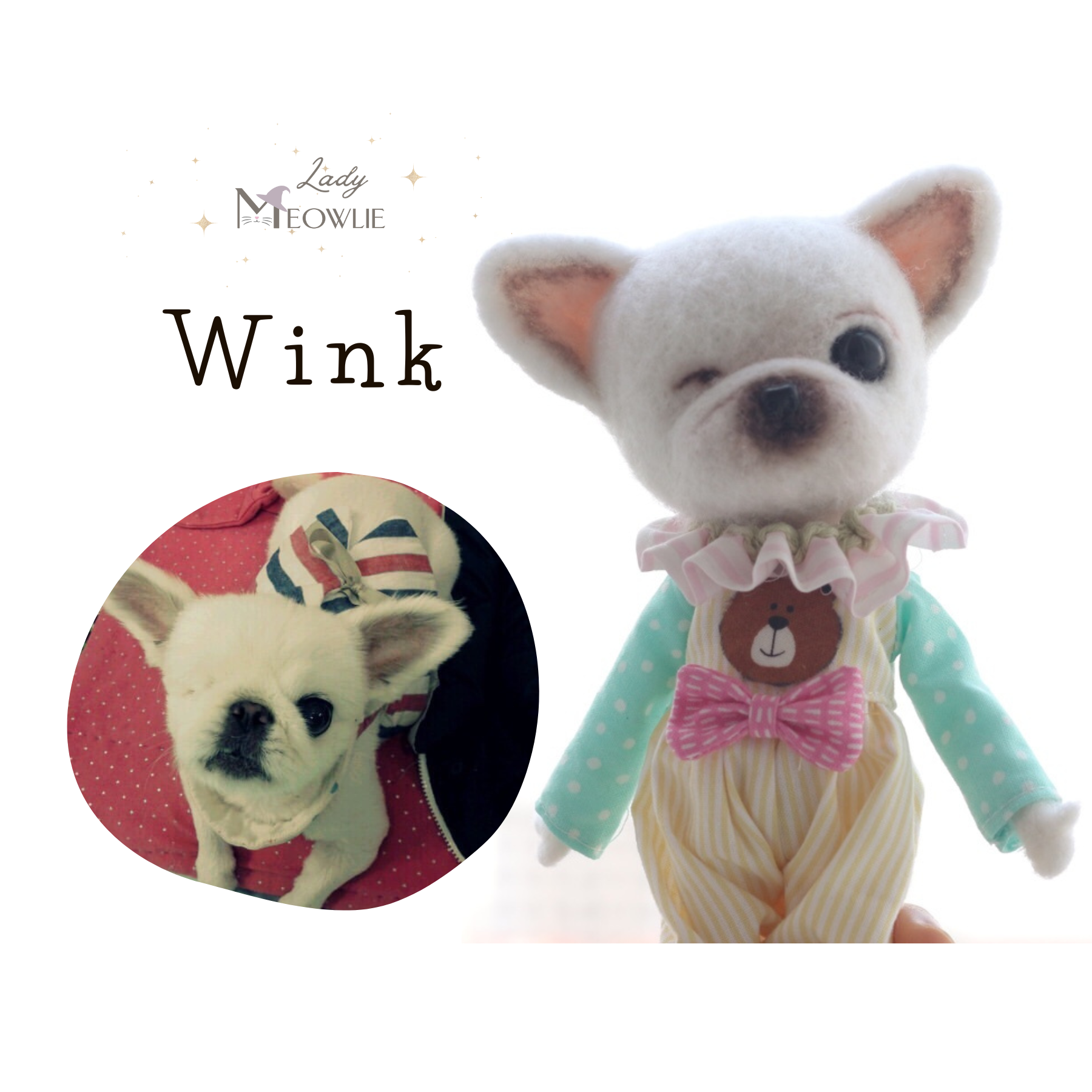 Stuffed dog art toy with a pink bow tie on a white background, featuring the brand 'Lady Meowlie'.