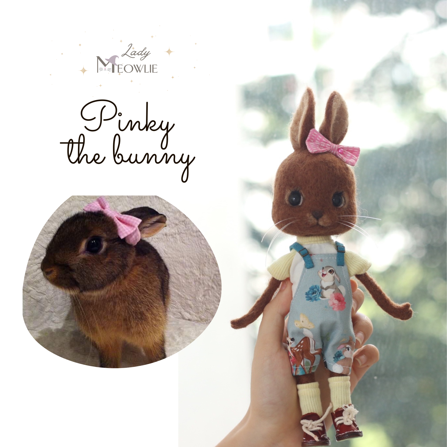 Stuffed bunny toy with a pink bow and floral overalls, held by a hand, with a blurred natural background.