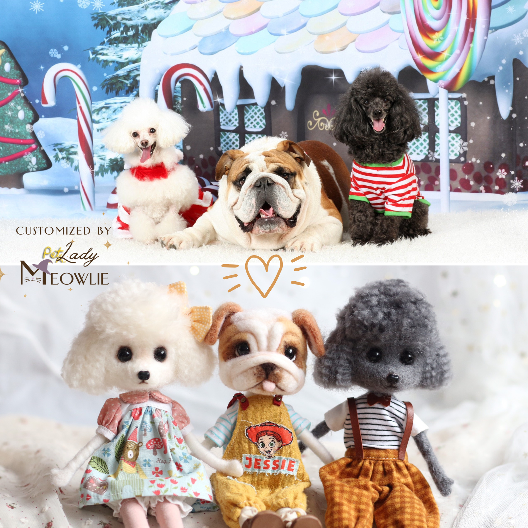 poodle dog beside handmade wool figurine replica