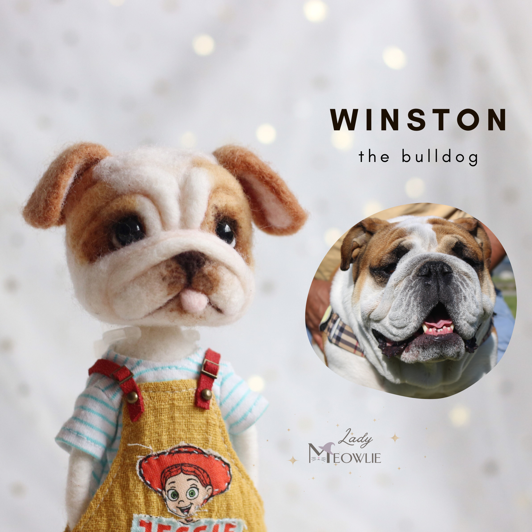 Stuffed bulldog toy with a close-up inset, labeled 'Winston the bulldog', on a soft background.