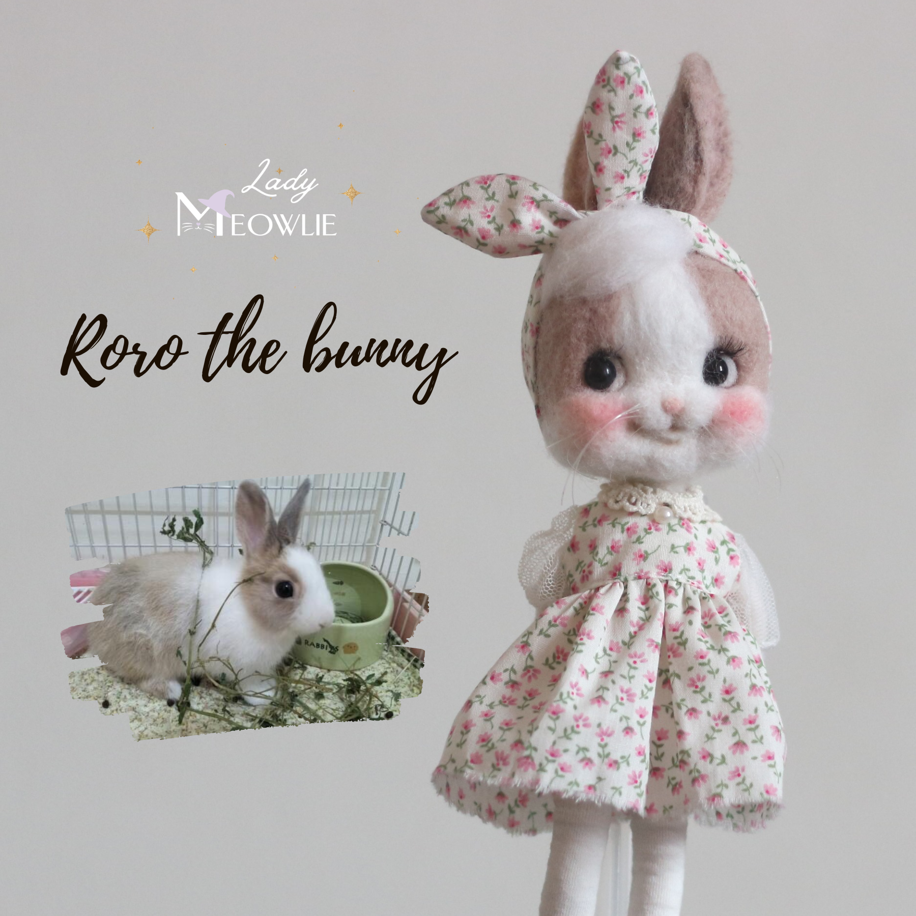 Stuffed bunny toy with floral dress and headband, alongside a photo of a real rabbit, on a plain background.