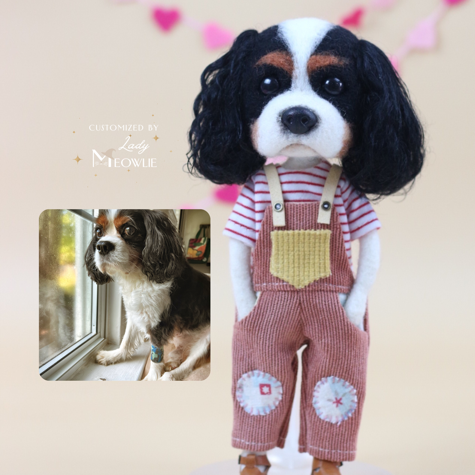 Cavalier King Charles Spaniel dog beside handmade wool figurine replica