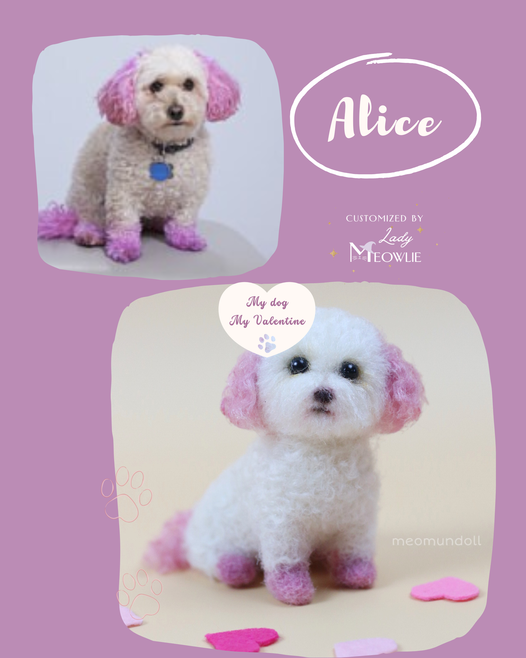 Pink poodle
 dog beside handmade wool figurine replica