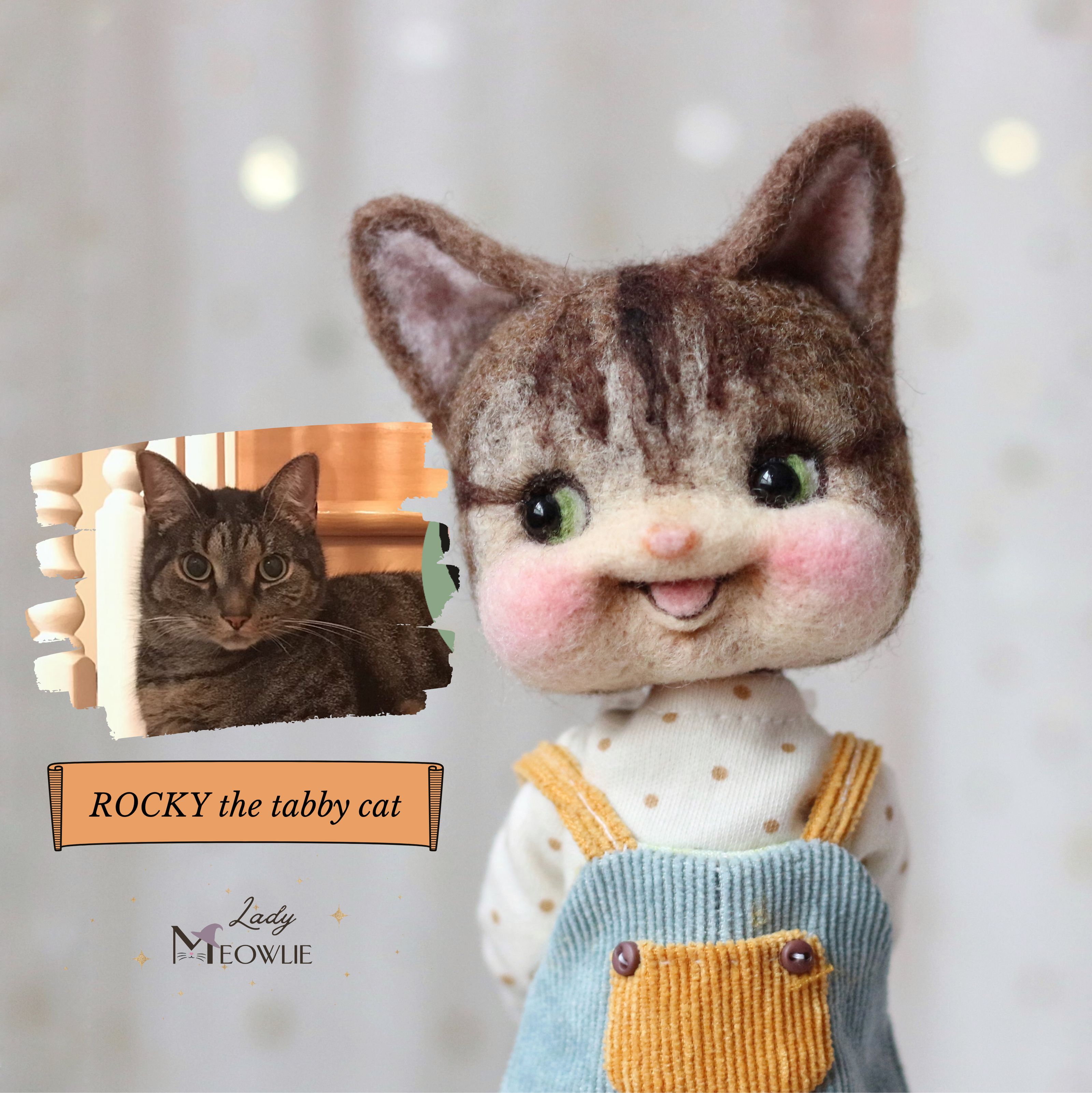 Stuffed toy cat with a tabby pattern and a real tabby cat in the corner, branded 'Lady Meowlie'.